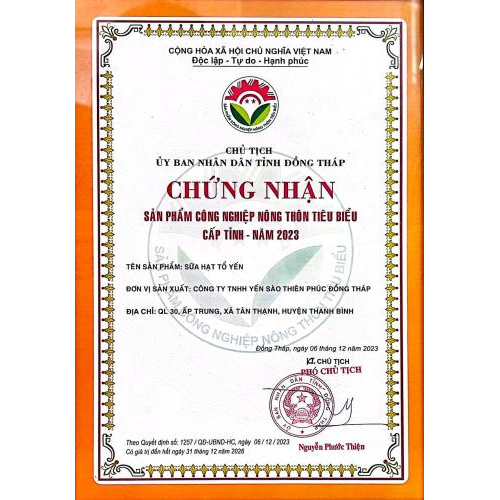 Bộ Giấy Tờ - Chứng Nhận Sản PhẩmCông Ty Trách Nhiệm Hữu Hạn Yến Sào Thiên Phúc Đồng Tháp