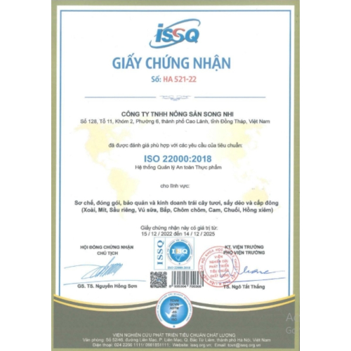 Bộ Giấy Tờ - Chứng Nhận Sản Phẩm Công Ty TNHH Nông Sản Song Nhi