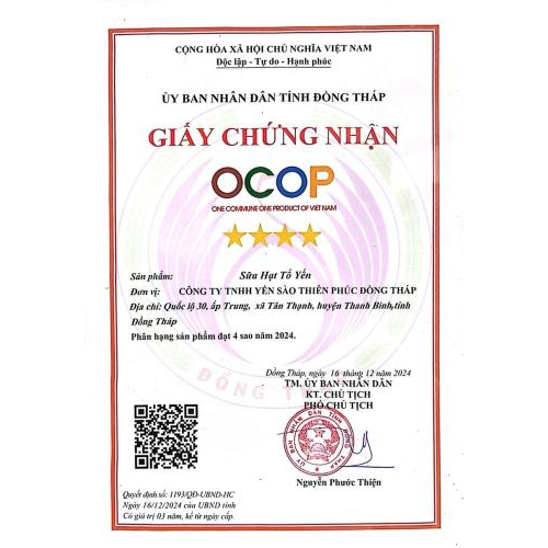 Bộ chứng nhận sản phẩm sữa hạt tổ yến